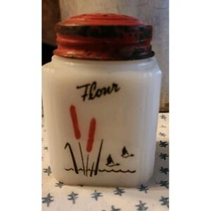 Vintage TIPP City Milk Glass Cattails Tall Flour Shaker White Red Antique